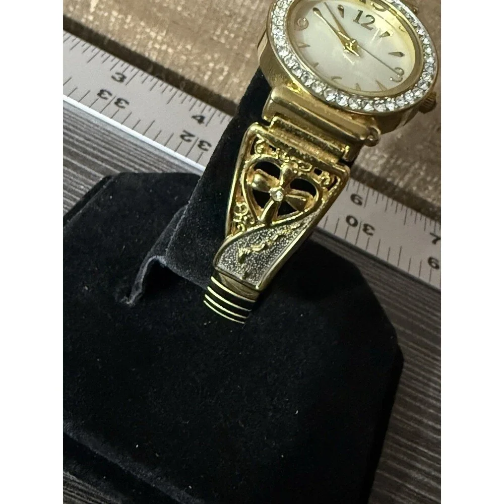Mother Of Pearl Womens Gold Tone Cross Watch Stretch Christian Band New Battery